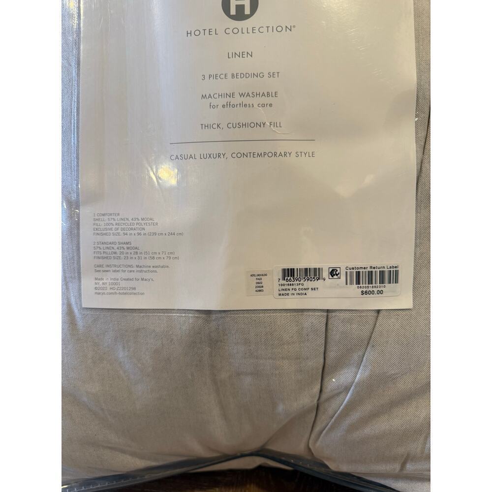 Hotel Collection Linen Full Queen Comforter Set Gray 3 Pc Luxury Bedding NEW - Picture 6 of 7